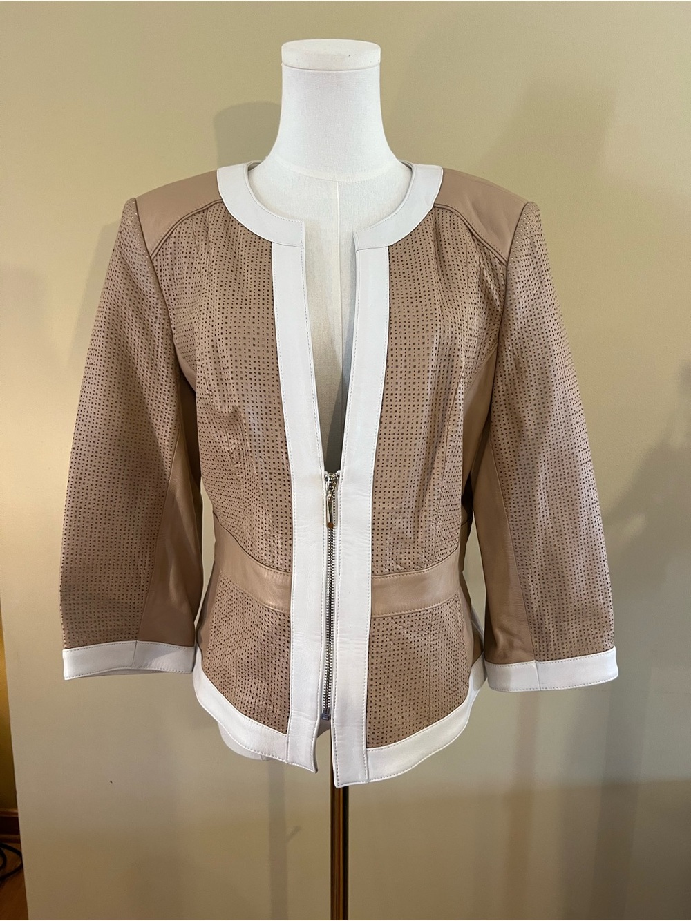 Taupe and White Perforated Real Leather Zip Jacket